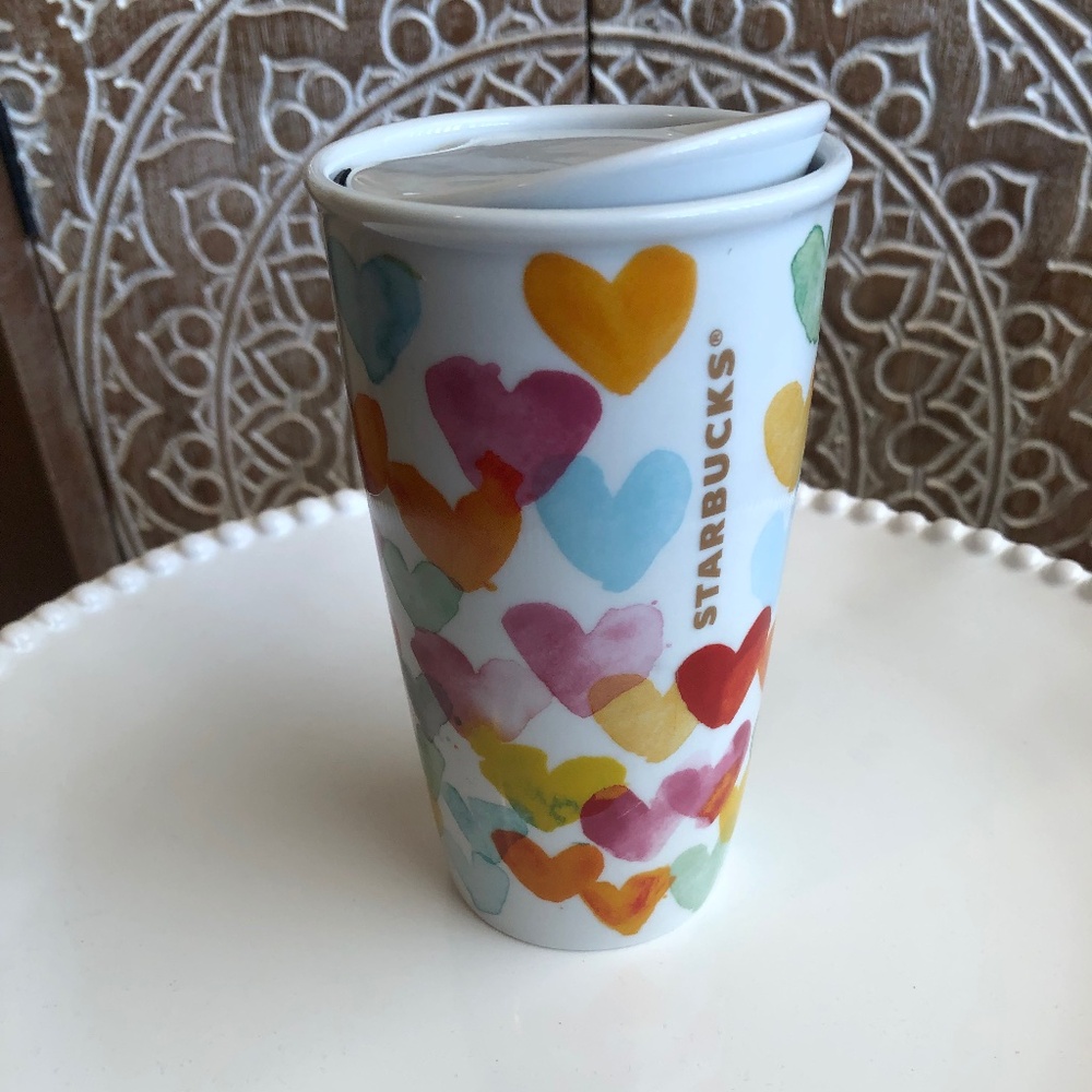 Starbucks Watercolor Hearts Ceramic Travel Mug Tumbler with lid collectible